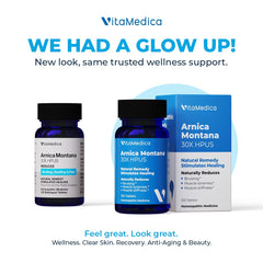 Close-up of VitaMedica Arnica 30X bottle showing 150 tablets per bottle.