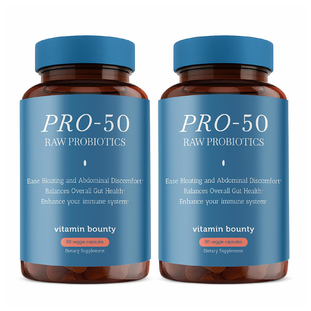 Vitamin Bounty Pro-50 bottle label with 50B CFU and 13 strains.