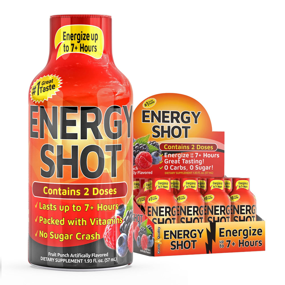Vitamin Energy Fruit Punch shot bottle pouring for a quick energy boost