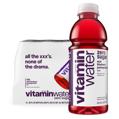 Vitaminwater XXX acai-blueberry-pomegranate bottle shows zero sugar hydration with electrolytes.