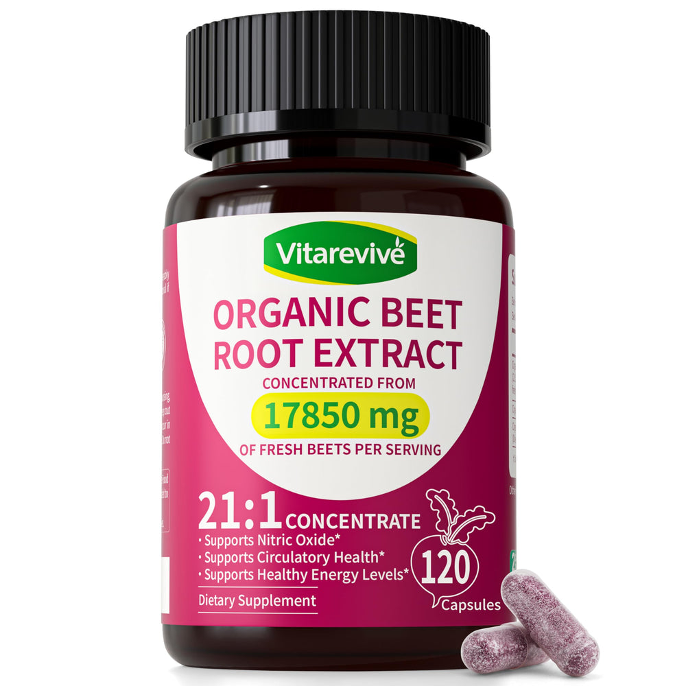 Vitarevive Organic Beet Root Capsules bottle label highlighting 21:1 extract potency.