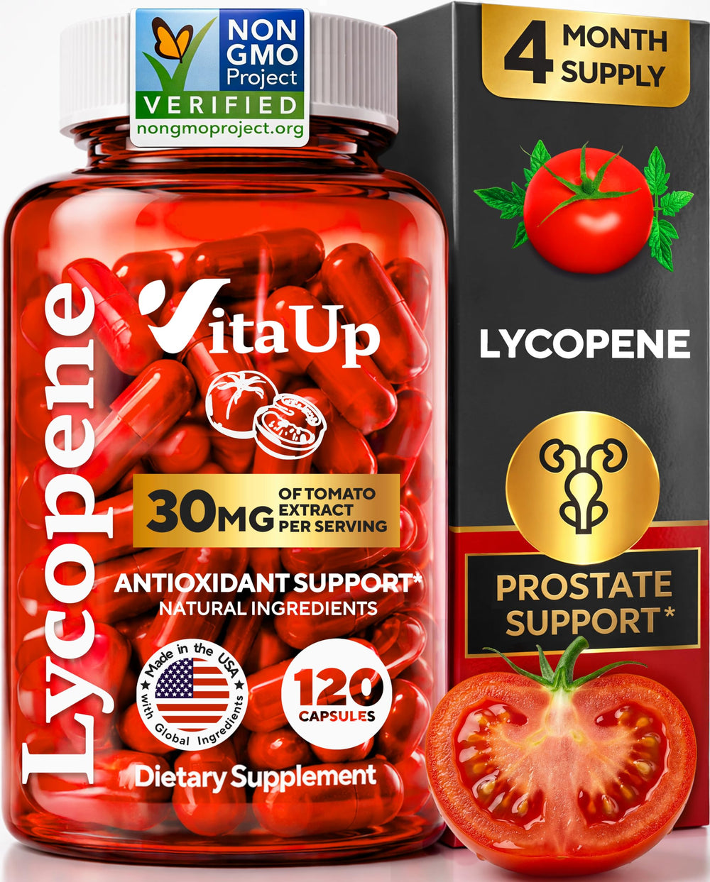 VitaUp bottle packshot for convenient daily lycopene supplementation.