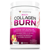 Vitauthority Multi Collagen Burn bottle poured into a glass for a collagen drink.