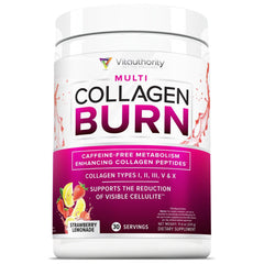 Vitauthority Multi Collagen Burn bottle poured into a glass for a collagen drink.