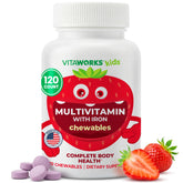 VitaWorks Kids Multivitamin bottle front with 120 chewables for daily use