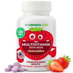 VitaWorks Kids Multivitamin bottle front with 120 chewables for daily use