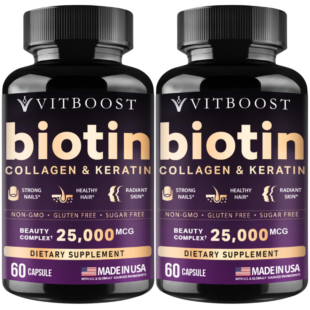Vitboost Biotin with hyaluronic acid bottle supports hair, skin, and nails.