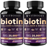 Vitboost Biotin with hyaluronic acid bottle supports hair, skin, and nails.