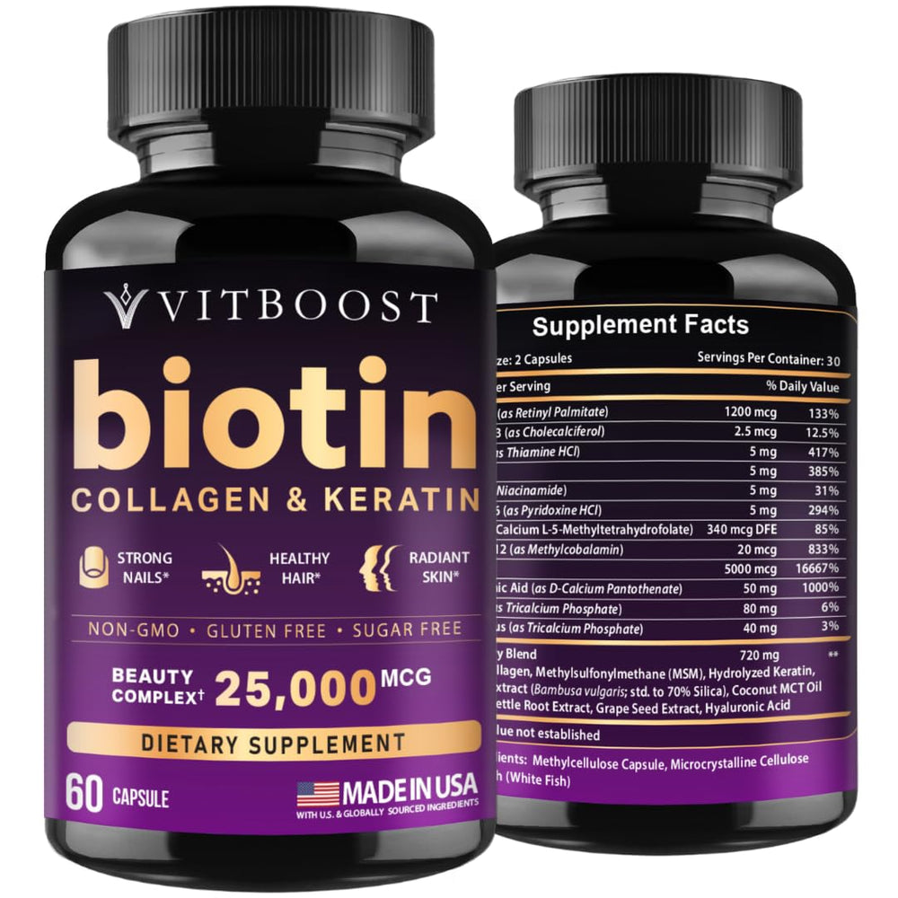 VITBOOST biotin complex bottle highlights hair and skin benefits.