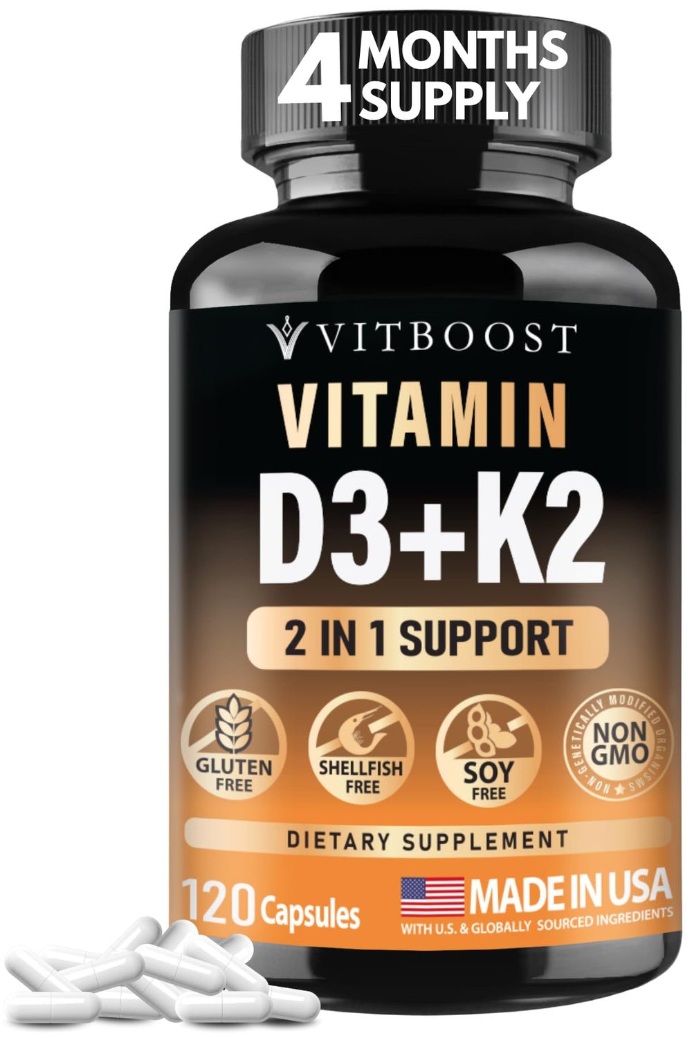 Vitboost D3 K2 complex bottle front with capsules for daily wellness.