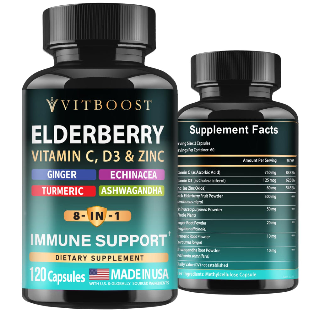 VITBOOST Elderberry Immune Support bottle pouring capsules for daily wellness.