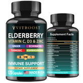 VITBOOST Elderberry Immune Support bottle pouring capsules for daily wellness.