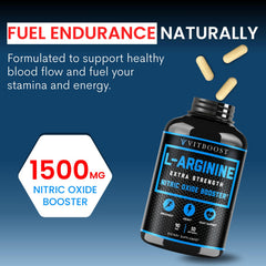 VITBOOST ingredients panel illustrates Arginine and Citrulline synergy for NO production