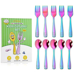 VITEVER rainbow toddler utensils with ergonomic handles for easy grasp.