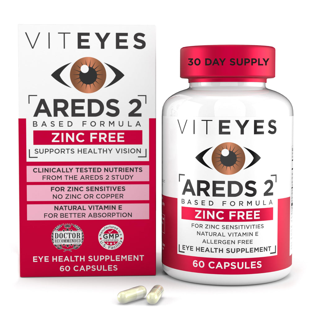 Viteyes AREDS2 Zinc Free bottle front shows a convenient daily eye vitamin.