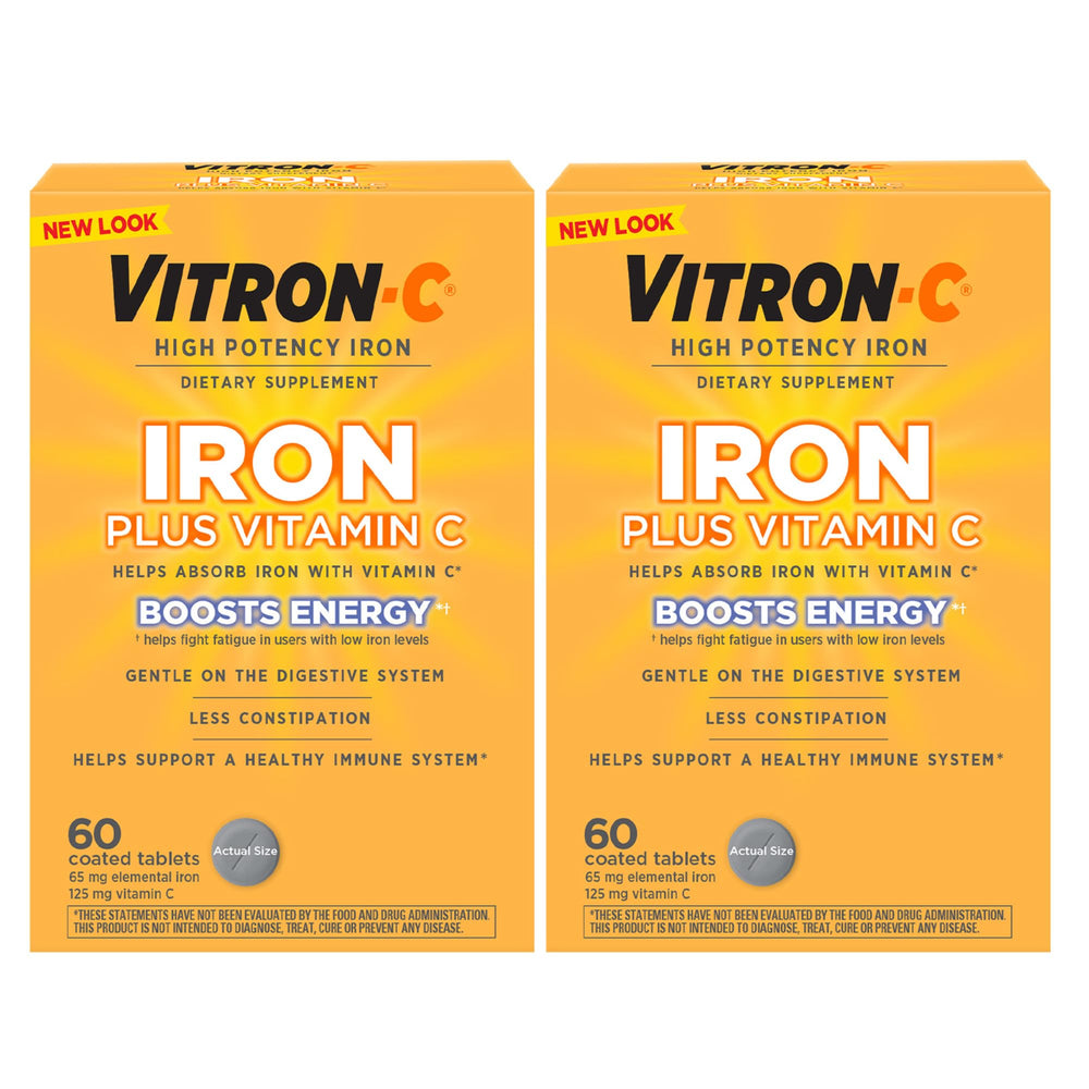 Vitron-C bottle with tablets on a clean surface for easy daily iron support.