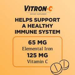 Packaging front of Vitron-C emphasizing dye-free, gluten-free, vegan credentials.