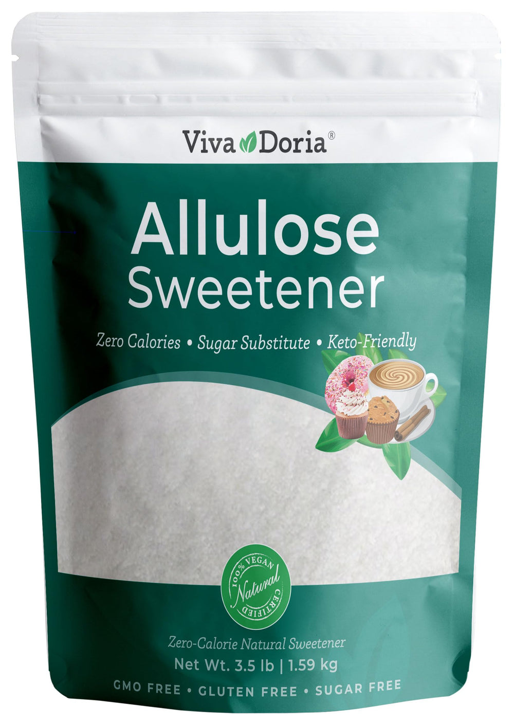 Viva Doria Allulose Sweetener bottle front view showing zero-calorie sweetness for coffee and tea.