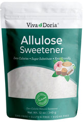 Viva Doria Allulose Sweetener bottle pour: zero calories, ideal for coffee or tea.