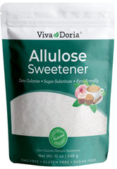 Viva Doria Allulose Sweetener bottle pour: zero calories, ideal for coffee or tea.