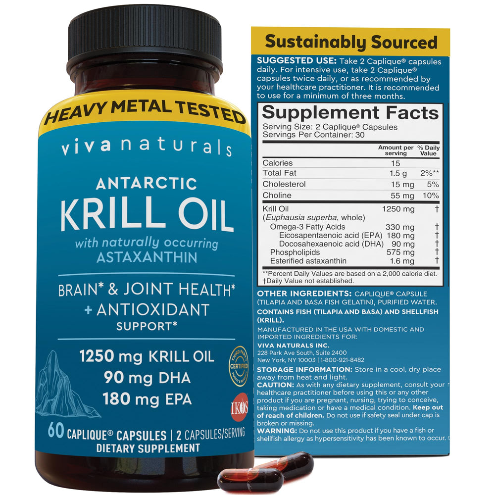 Viva Naturals Antarctic Krill Oil bottle highlighting omega-3 content for daily support.