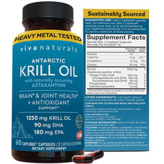 Viva Naturals Antarctic Krill Oil bottle highlighting omega-3 content for daily support.