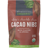 Viva Naturals cacao nibs unroasted flavor for peak chocolate notes.