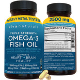 Viva Naturals Omega-3 bottle front view with triple strength softgels for daily heart and brain support.
