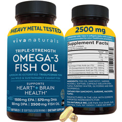 Viva Naturals Omega-3 bottle front view with triple strength softgels for daily heart and brain support.
