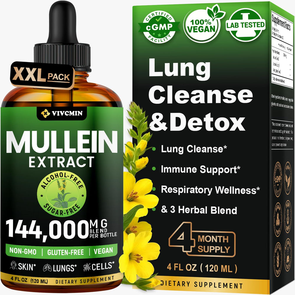 Vivcmin Mullein Drops bottle shown for daily respiratory support with an alcohol-free formula