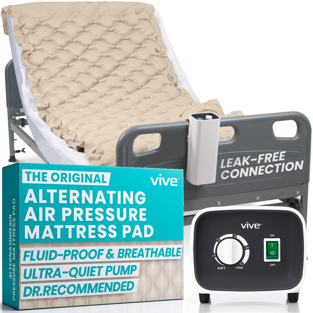 Vive alternating air pressure mattress pad in box, highlighting simple setup for caregivers