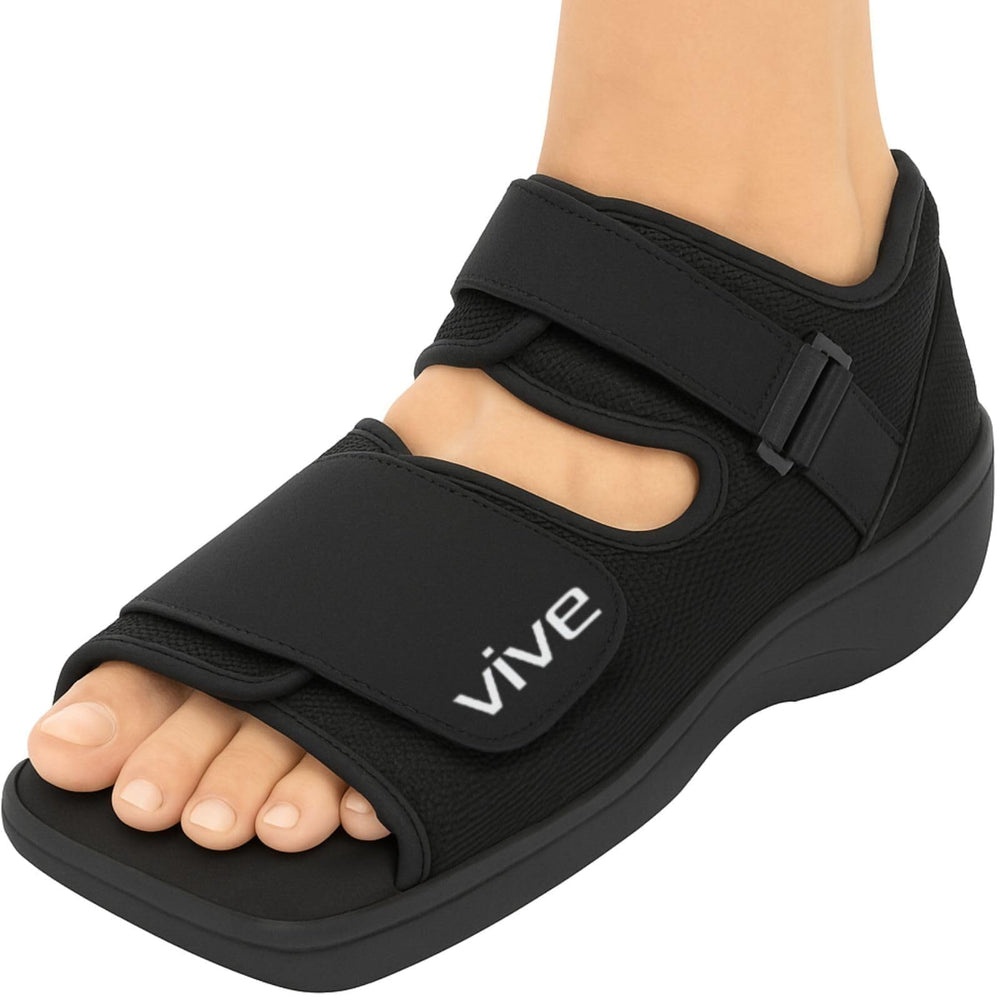 Vive post op shoe with adjustable straps for left foot support during recovery.