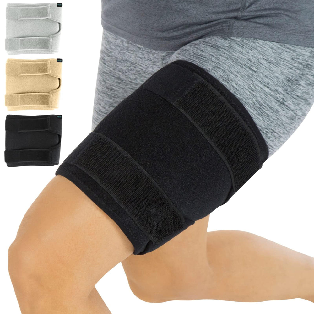 Vive thigh brace front view shows adjustable support for thigh muscles during activity.