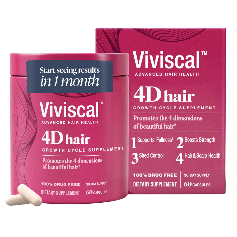 Viviscal 4D bottle shown for daily use to support fuller hair