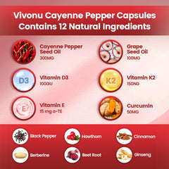 Closeup of VivoNu Cayenne softgels showing compact capsules for easy swallowing.