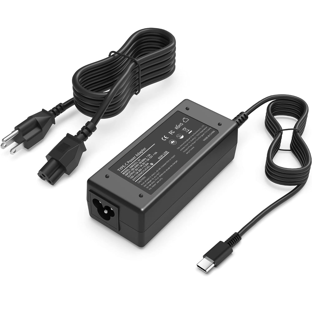VJYUIJAY 65W USB-C laptop charger powering a slim notebook for on-the-go work.