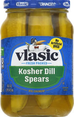 Vlasic Kosher Dill Spear Pickle jar closeup showing crisp slices.