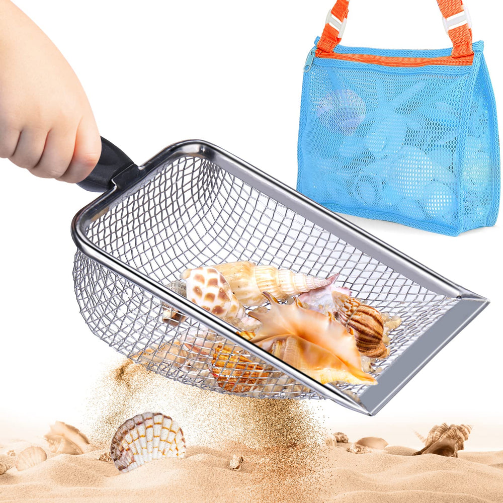 Vodolo Beach Mesh Shovel with mesh bag ready for shell collection on the shore