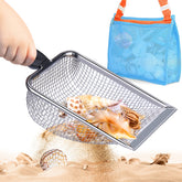 Vodolo Beach Mesh Shovel with mesh bag ready for shell collection on the shore