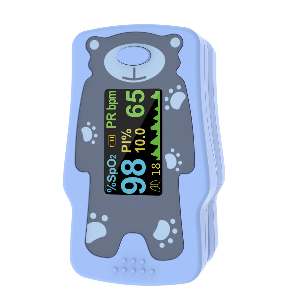 VOLUETH Kids pulse oximeter on finger for quick SpO2 readings.