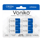 Voniko CR123A batteries pack front view for reliable power in cameras and flashlights.