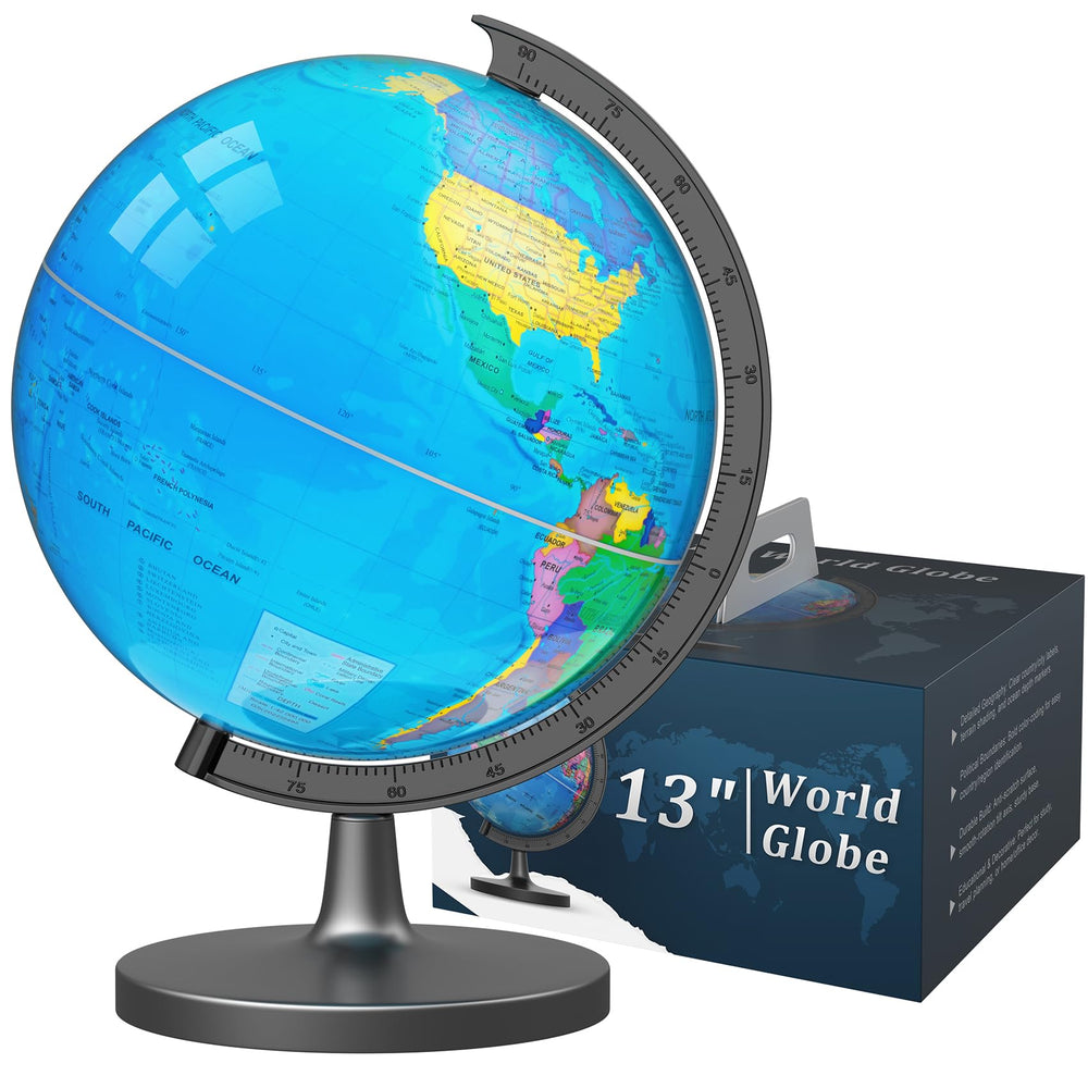 Voxelure 13-inch globe on a sturdy base, ideal for classroom learning.