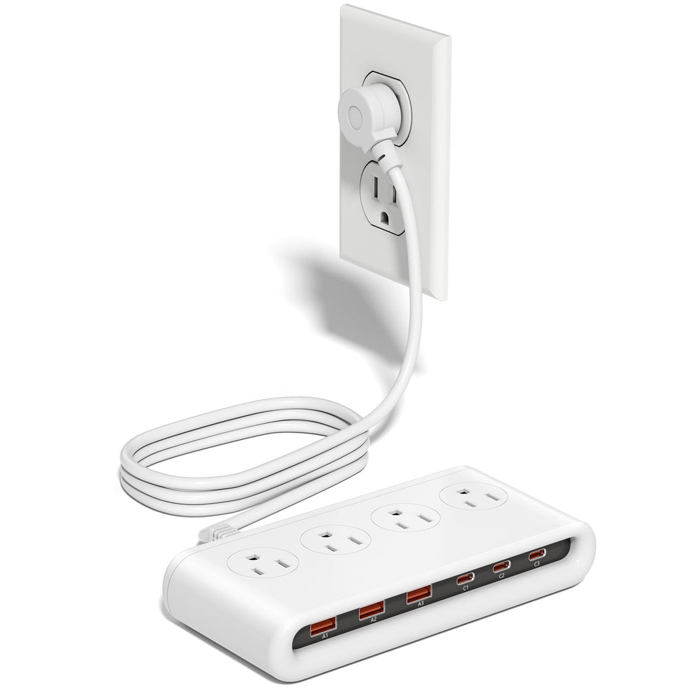 VPSUN power strip front view showing 4 outlets and USB ports for efficient charging.