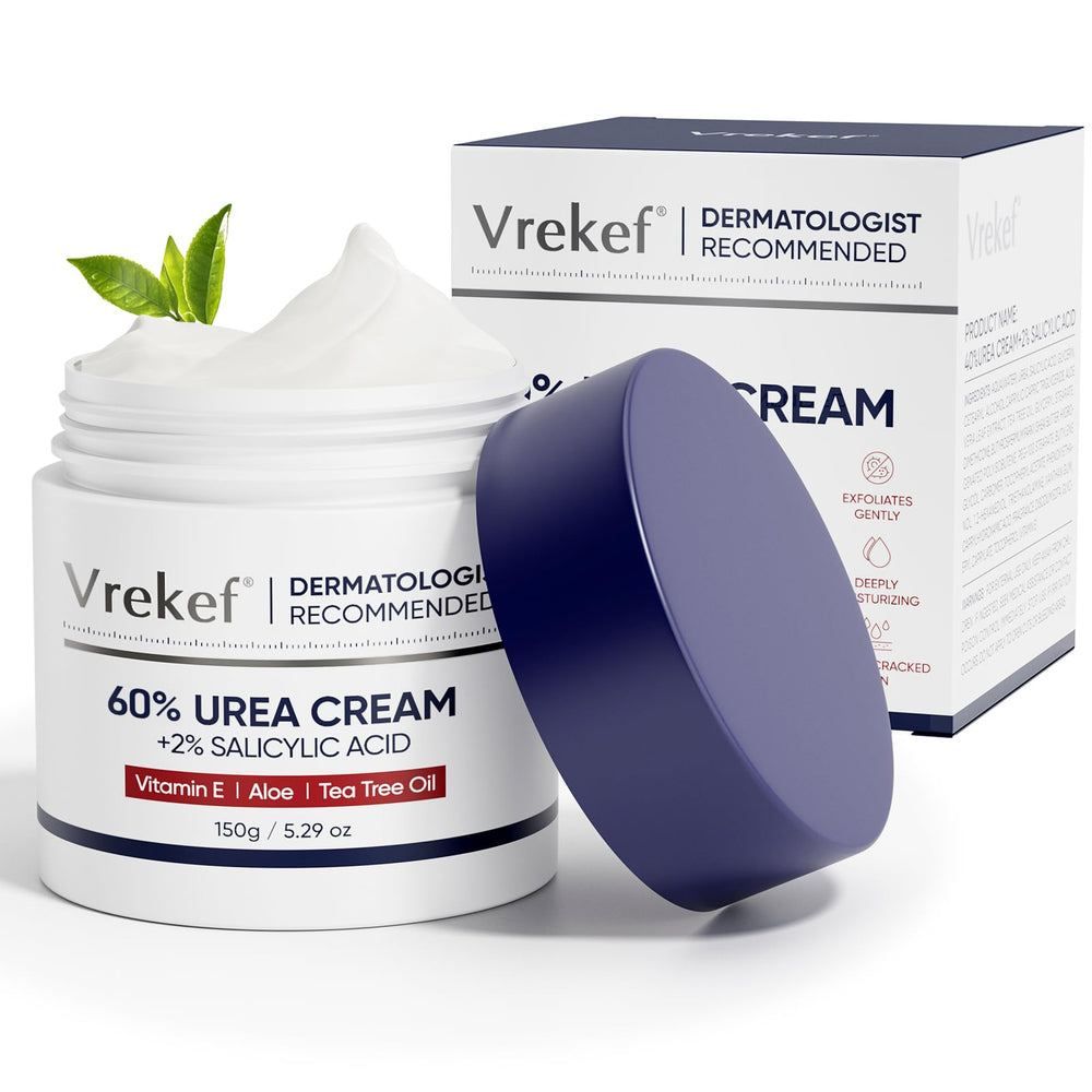 VREKEF Urea Cream 60% foot-application close-up showing intense hydration