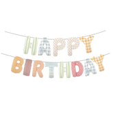 Vrukiaa birthday banner letters in plaid pattern for festive photo backdrop.