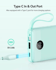 VRURC slim power bank fits in pocket for easy travel.