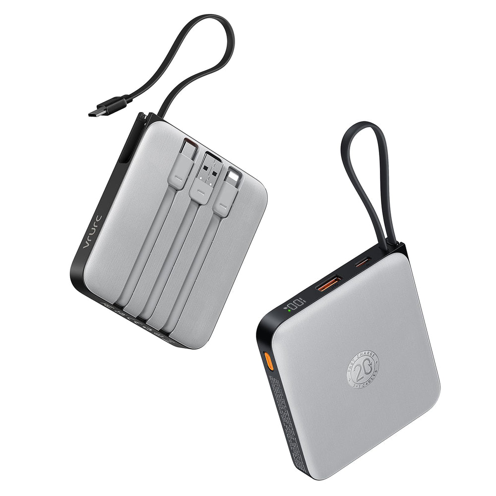 VRURC portable charger with built-in cables for on-the-go power.