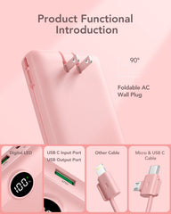 VRURC portable charger with ports and built-in cables for quick charging