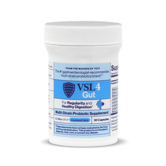 VSL4 Gut Daily Probiotics capsules close-up highlighting shelf-stable formula.
