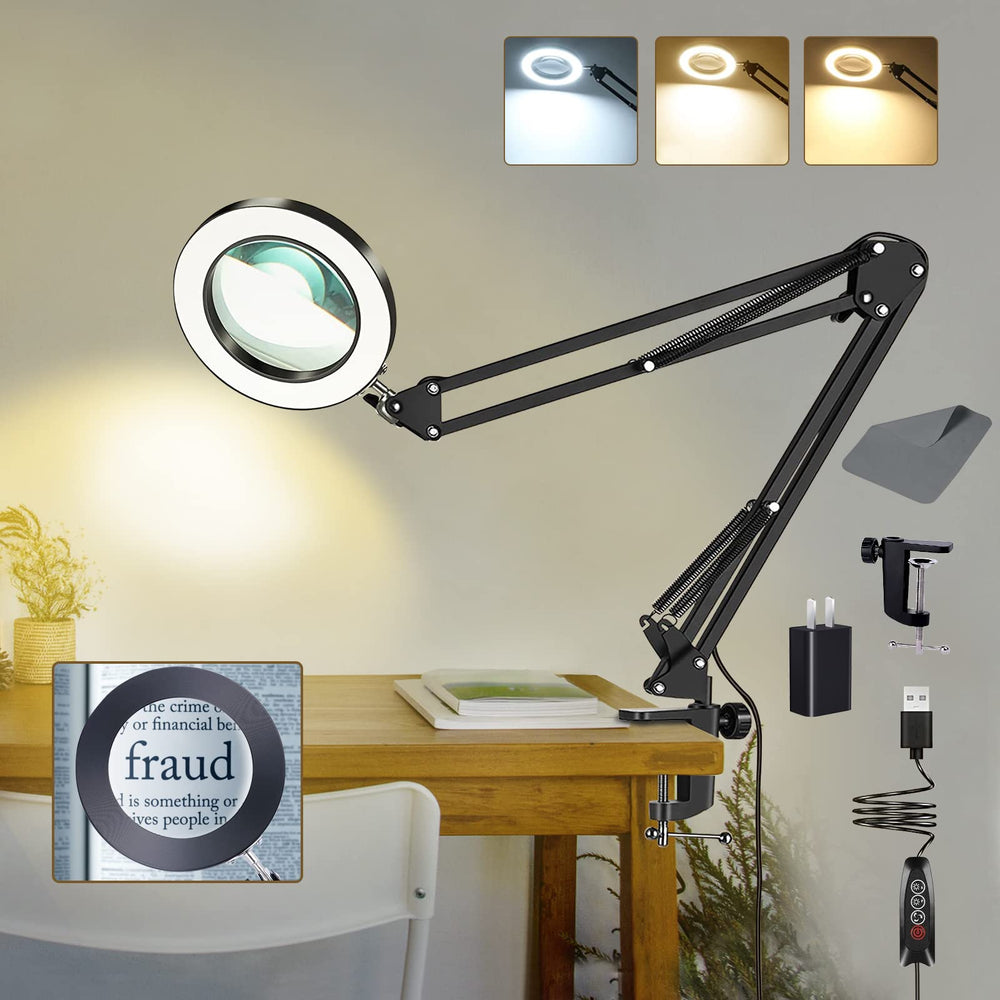 VUEJIC magnifying glass with light and clamp for precise crafts.